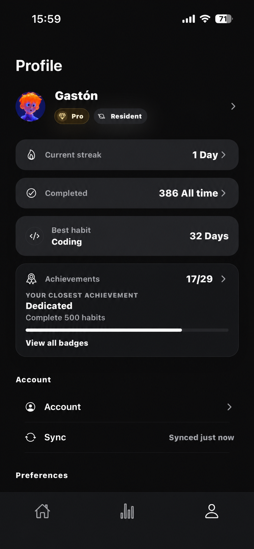Vunne profile screen in dark mode
