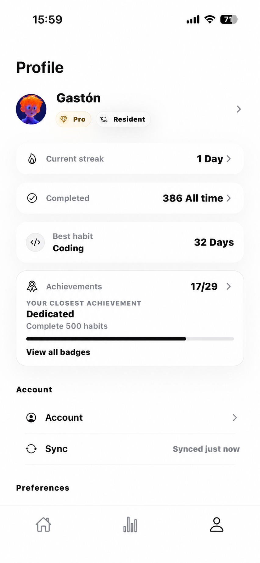 Vunne profile screen in light mode